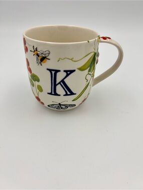 By Anthropologie Monogram Letter K Bumble Bee Flower Floral Ceramic Coffee Mug